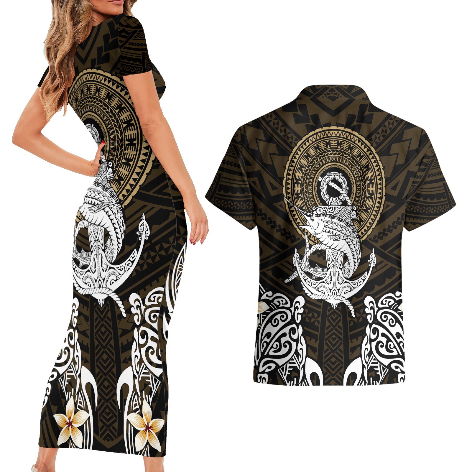 Polynesian Swordfish Couples Matching Short Sleeve Bodycon Dress and Hawaiian Shirt with Anchor Pattern and Tribal Turtle TS04 Multicolor - Polynesian Pride