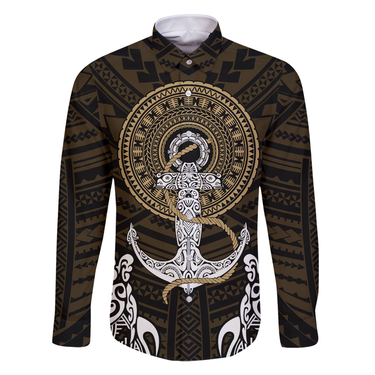 Polynesian Swordfish Family Matching Off Shoulder Long Sleeve Dress and Hawaiian Shirt with Anchor Pattern and Tribal Turtle TS04 Dad's Shirt - Long Sleeve Multicolor - Polynesian Pride