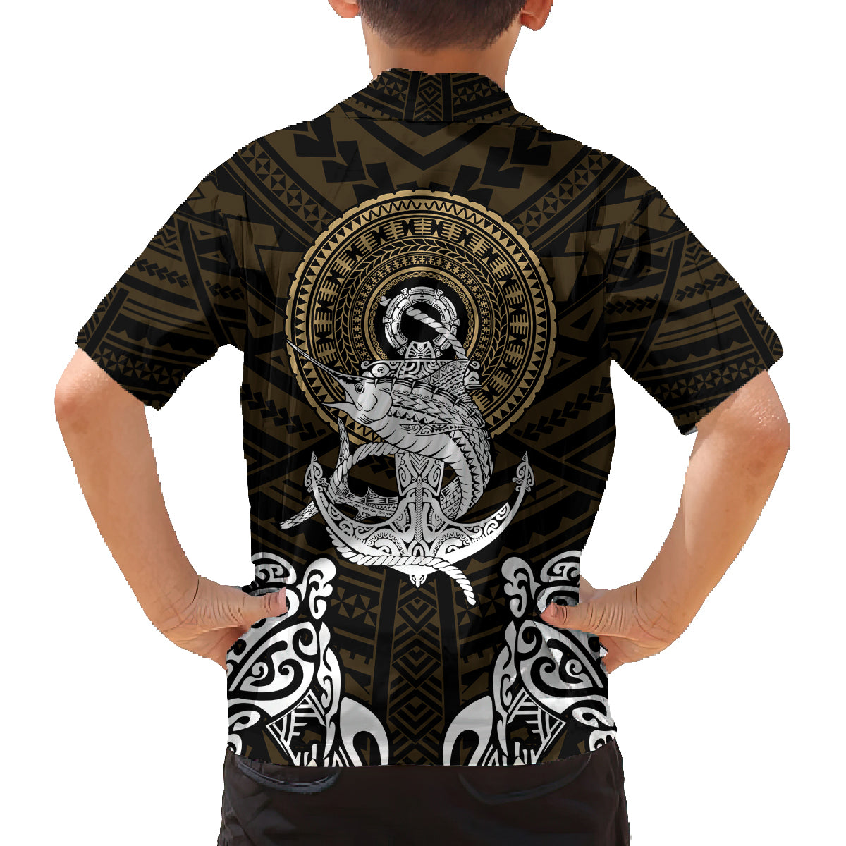 Polynesian Swordfish Family Matching Off Shoulder Maxi Dress and Hawaiian Shirt with Anchor Pattern and Tribal Turtle TS04 - Polynesian Pride