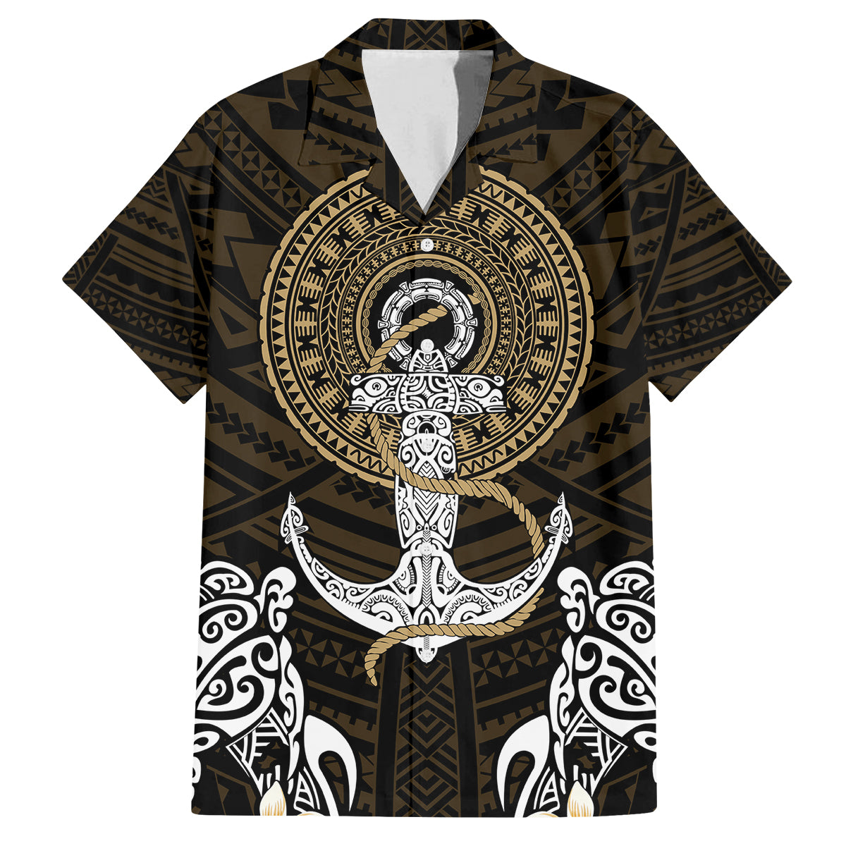 Polynesian Swordfish Family Matching Off Shoulder Maxi Dress and Hawaiian Shirt with Anchor Pattern and Tribal Turtle TS04 Dad's Shirt - Short Sleeve Multicolor - Polynesian Pride