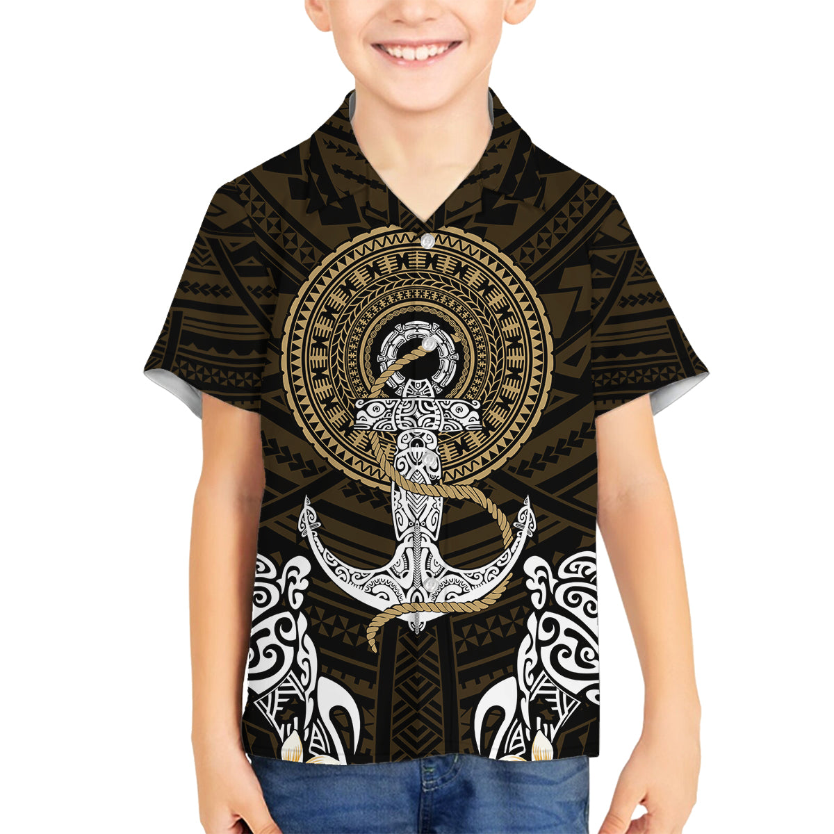 Polynesian Swordfish Family Matching Off Shoulder Maxi Dress and Hawaiian Shirt with Anchor Pattern and Tribal Turtle TS04 Son's Shirt Multicolor - Polynesian Pride