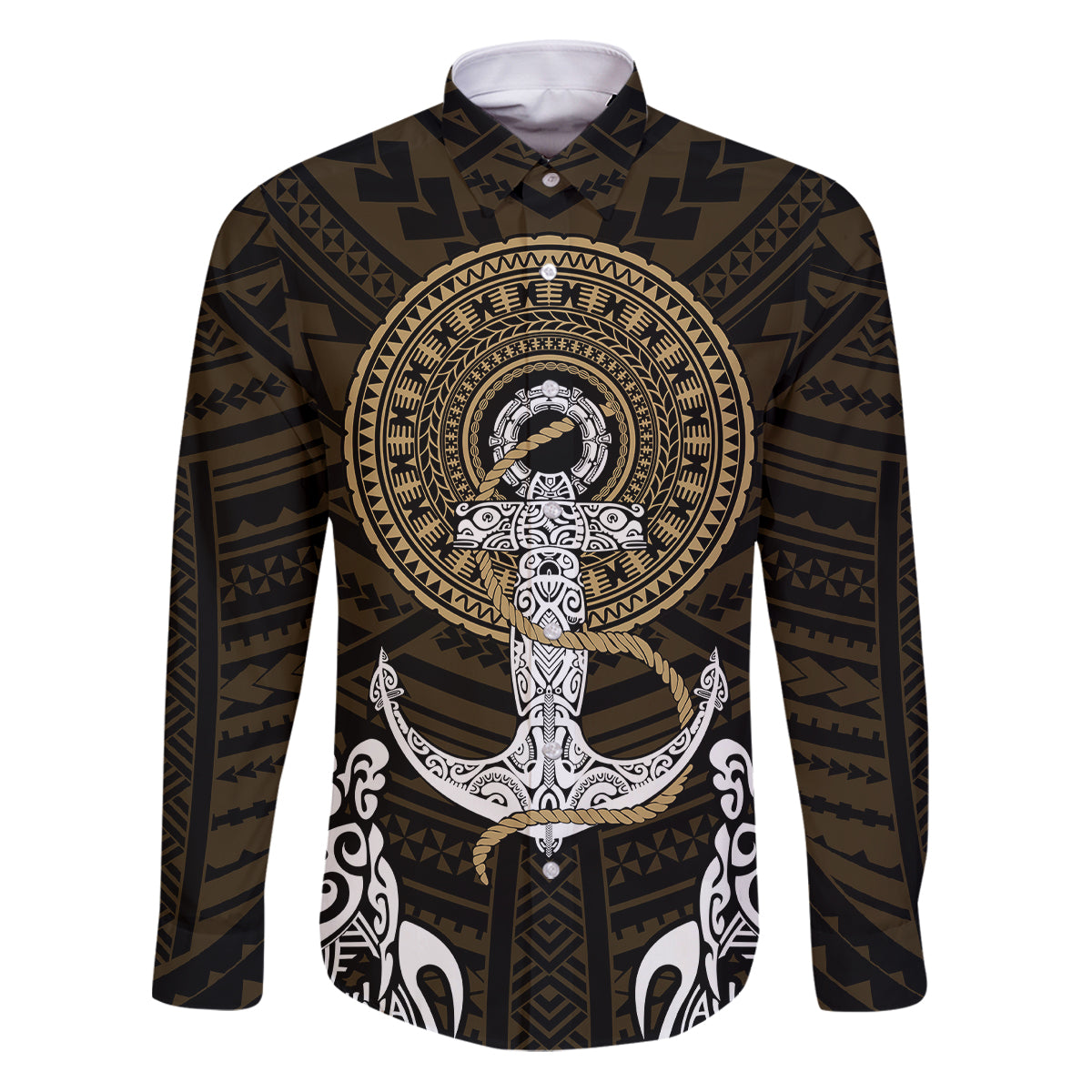 Polynesian Swordfish Family Matching Puletasi Dress and Hawaiian Shirt with Anchor Pattern and Tribal Turtle TS04 Dad's Shirt - Long Sleeve Multicolor - Polynesian Pride