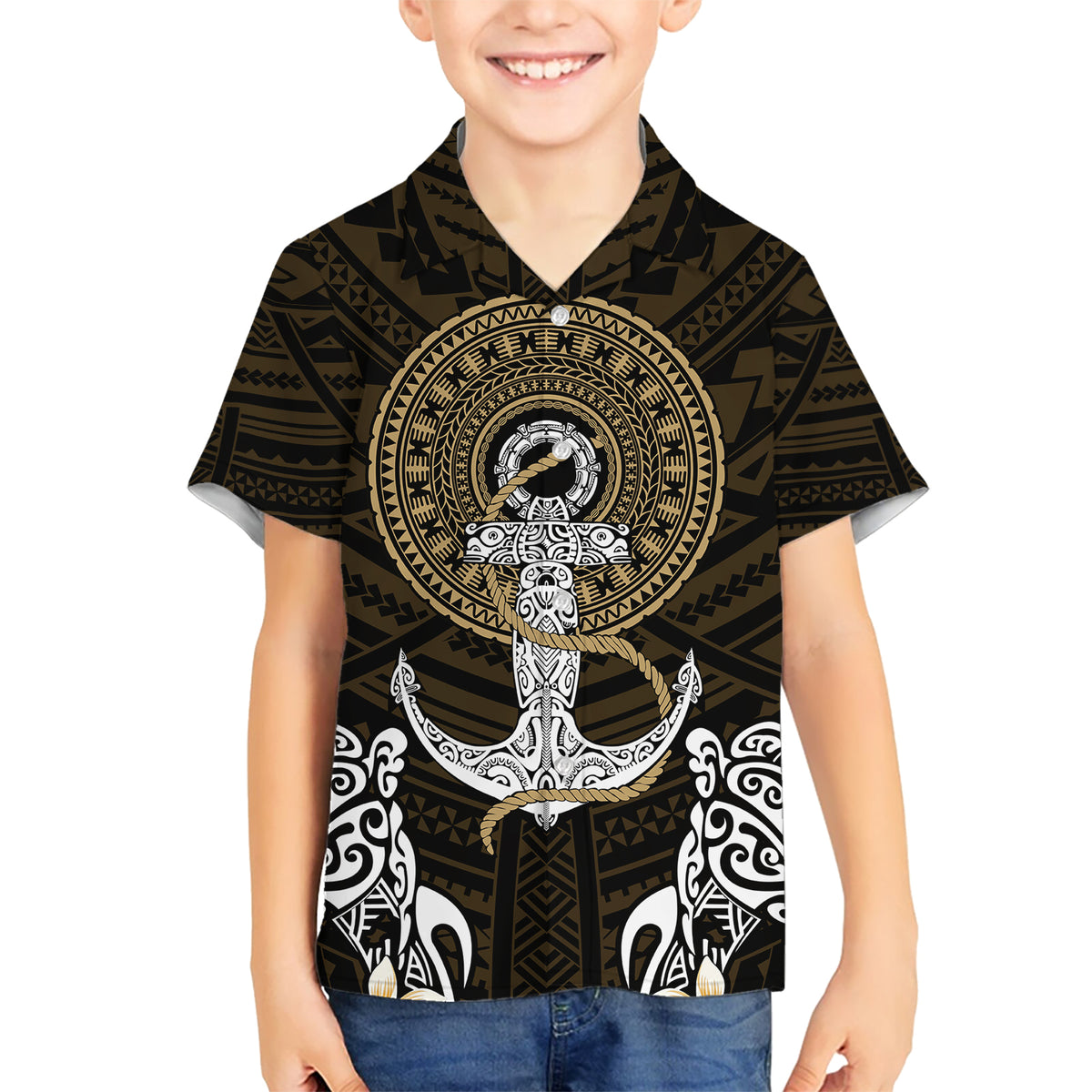 Polynesian Swordfish Hawaiian Shirt with Anchor Pattern and Tribal Turtle TS04 - Polynesian Pride