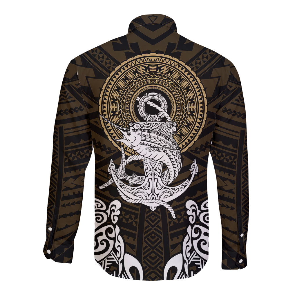 Polynesian Swordfish Long Sleeve Button Shirt with Anchor Pattern and Tribal Turtle TS04 Unisex Multicolor - Polynesian Pride