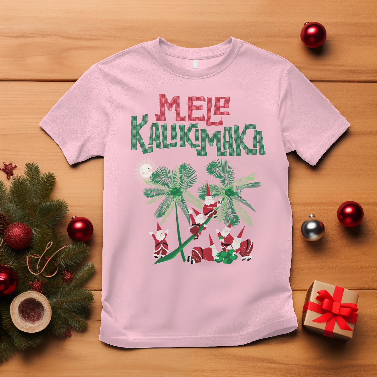 Mele Kalikimaka Santa Climb Palm Tree Hawaiian Christmas T Shirt TS09 Light Pink - Polynesian Pride