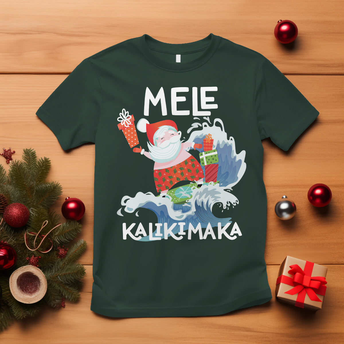 Mele Kalikimaka Surfing Cute Santa Hawaiian Christmas T Shirt TS09 Dark Forest Green - Polynesian Pride