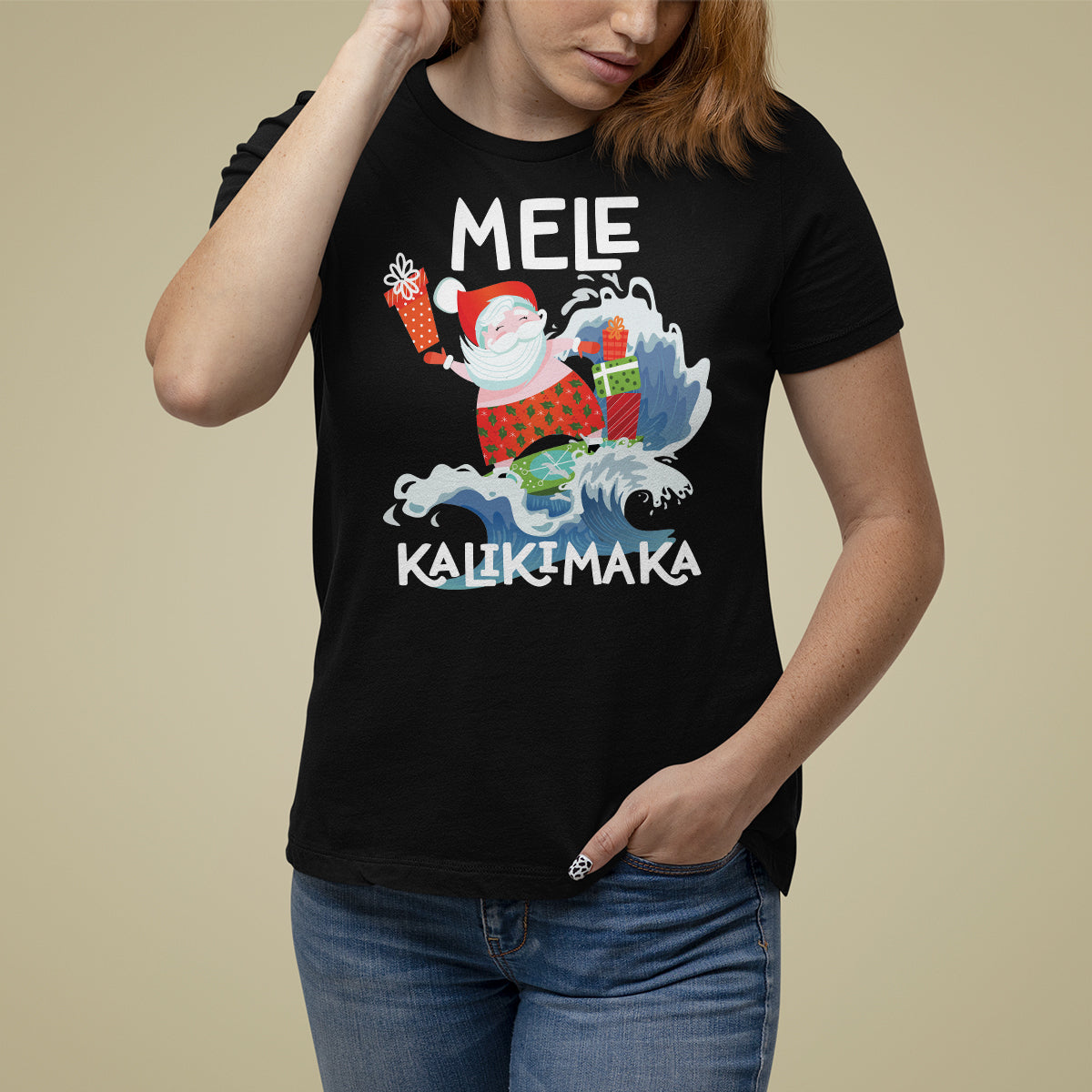 Mele Kalikimaka Surfing Cute Santa Hawaiian Christmas T Shirt For Women TS09 Black - Polynesian Pride