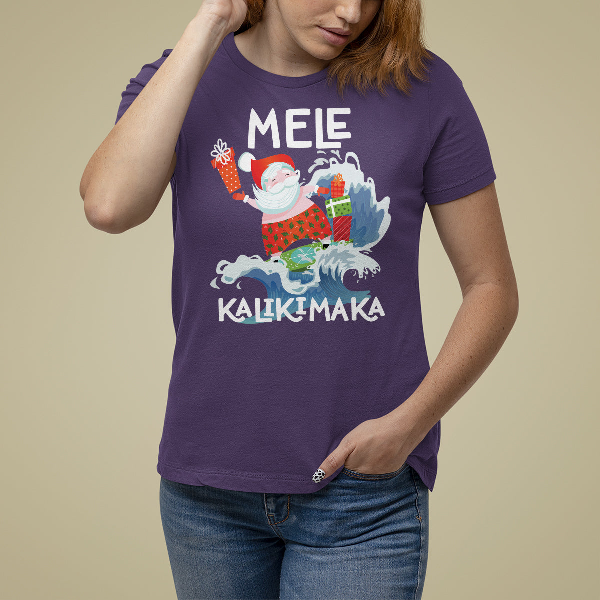 Mele Kalikimaka Surfing Cute Santa Hawaiian Christmas T Shirt For Women TS09 Purple - Polynesian Pride