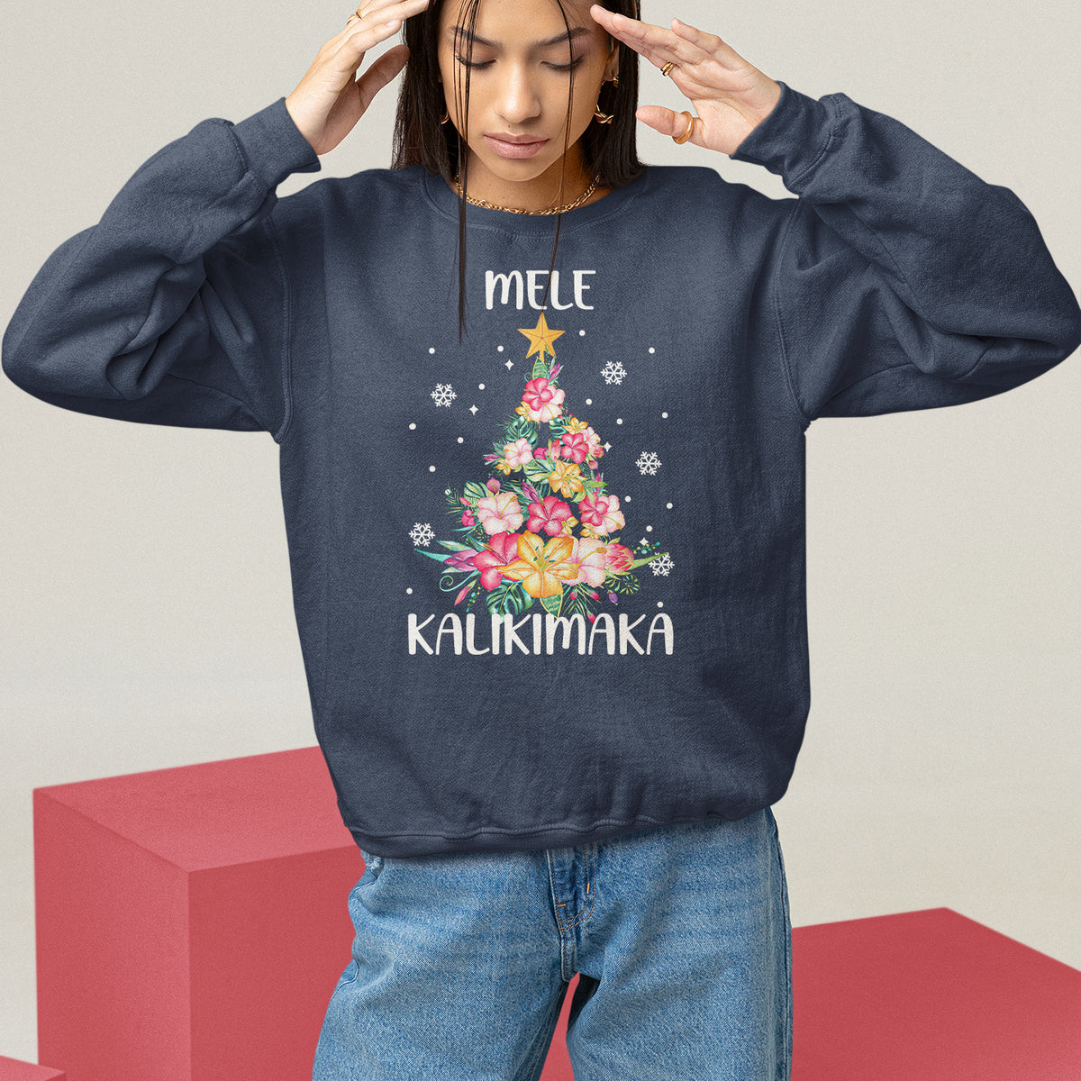 Mele Kalikimaka Hawaiian Christmas Tree Tropical Flower Sweatshirt TS09 Navy - Polynesian Pride