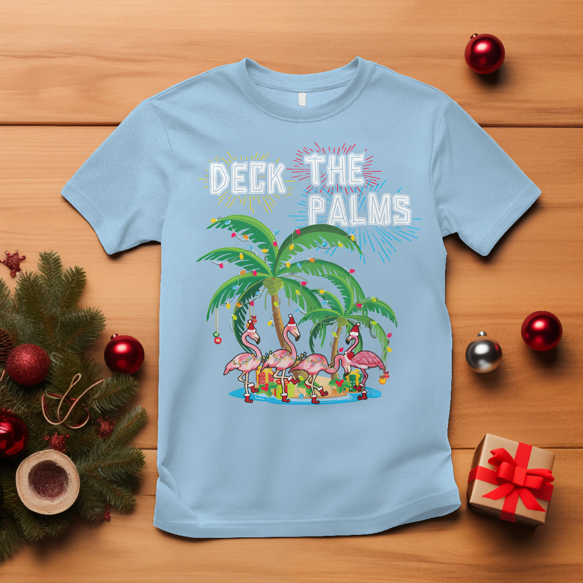 Christmas In Hawaii T Shirt Deck the Palms Firework Merry Christmas Flamingo TS09 Light Blue - Polynesian Pride