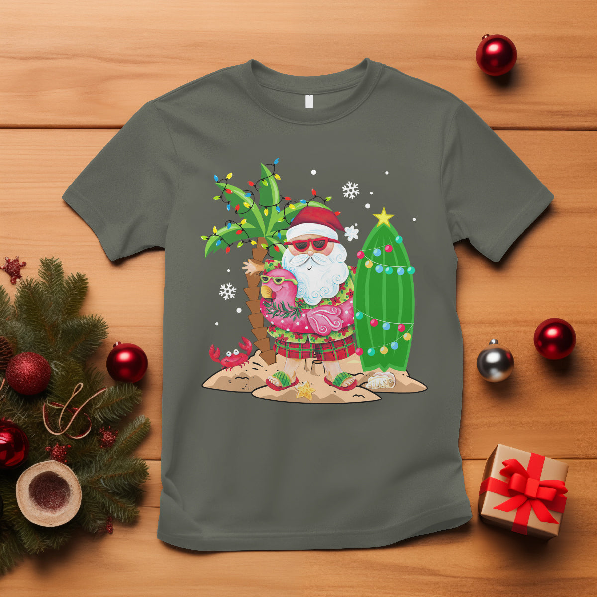 Christmas In Hawaii T Shirt Flamingo Float Xmas Palm Tree Surfboard Cute Santa At Beach TS09 Military Green - Polynesian Pride