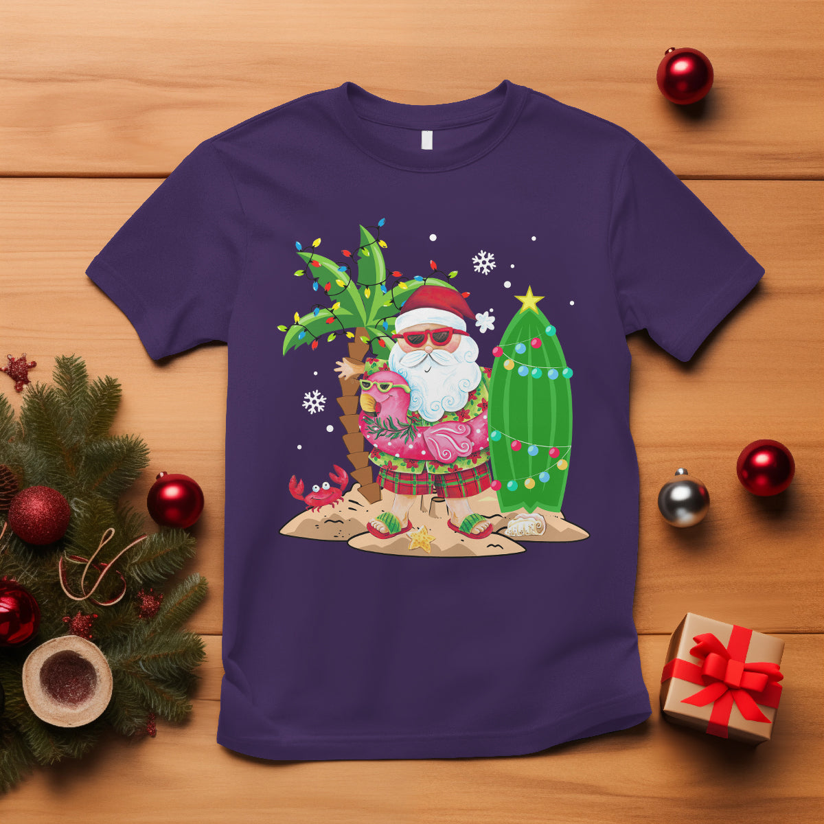 Christmas In Hawaii T Shirt Flamingo Float Xmas Palm Tree Surfboard Cute Santa At Beach TS09 Purple - Polynesian Pride