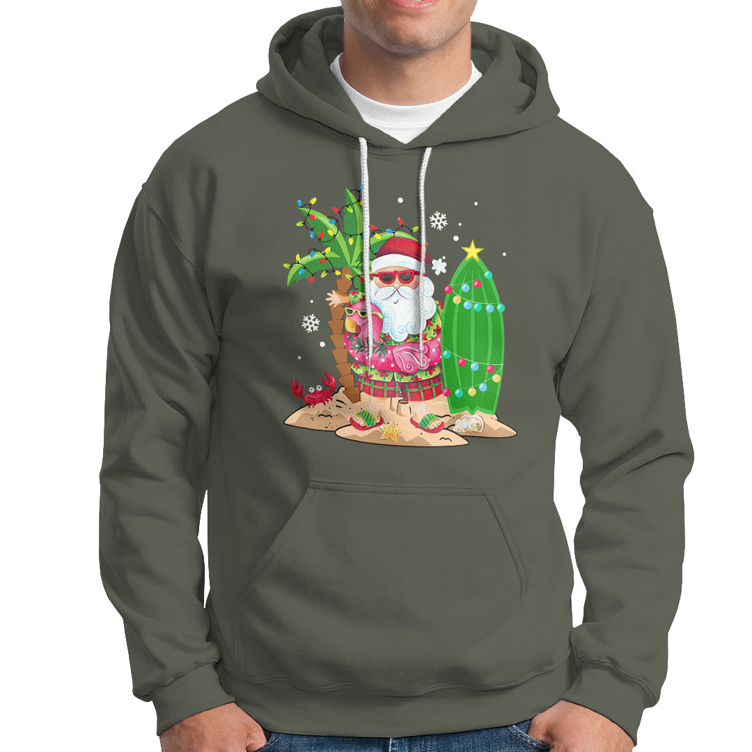 Christmas In Hawaii Hoodie Flamingo Float Xmas Palm Tree Surfboard Cute Santa At Beach TS09 Military Green - Polynesian Pride