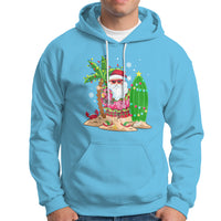 Christmas In Hawaii Hoodie Flamingo Float Xmas Palm Tree Surfboard Cute Santa At Beach TS09 Sky - Polynesian Pride