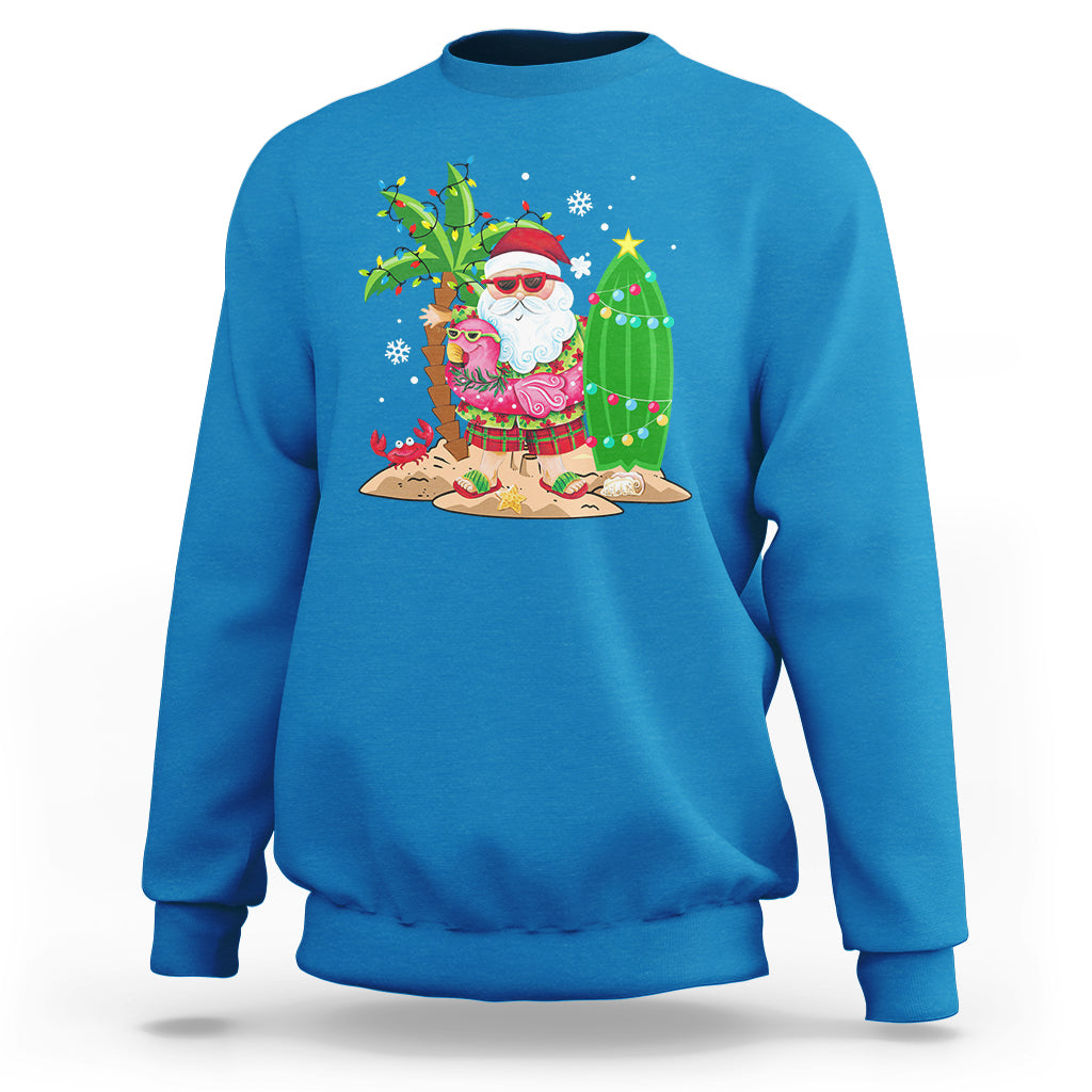 Christmas In Hawaii Sweatshirt Flamingo Float Xmas Palm Tree Surfboard Cute Santa At Beach TS09 Sapphire - Polynesian Pride