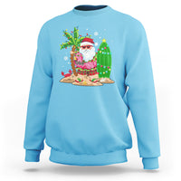 Christmas In Hawaii Sweatshirt Flamingo Float Xmas Palm Tree Surfboard Cute Santa At Beach TS09 Sky - Polynesian Pride