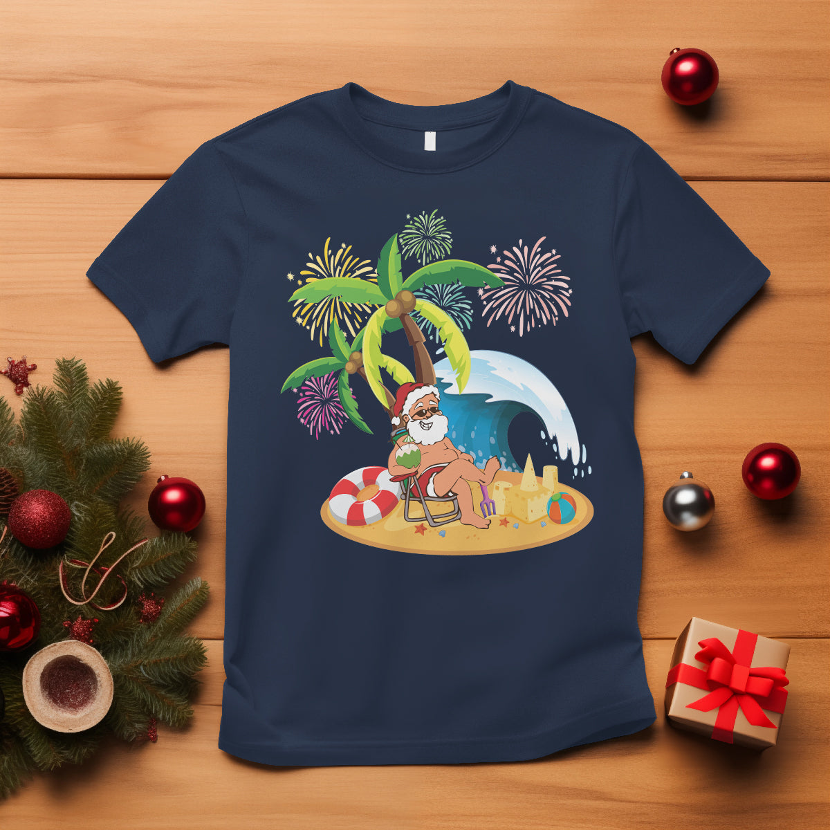Christmas In Hawaii T Shirt Palm Tree Firework Santa At Beach Drinking Coconut TS09 Navy - Polynesian Pride