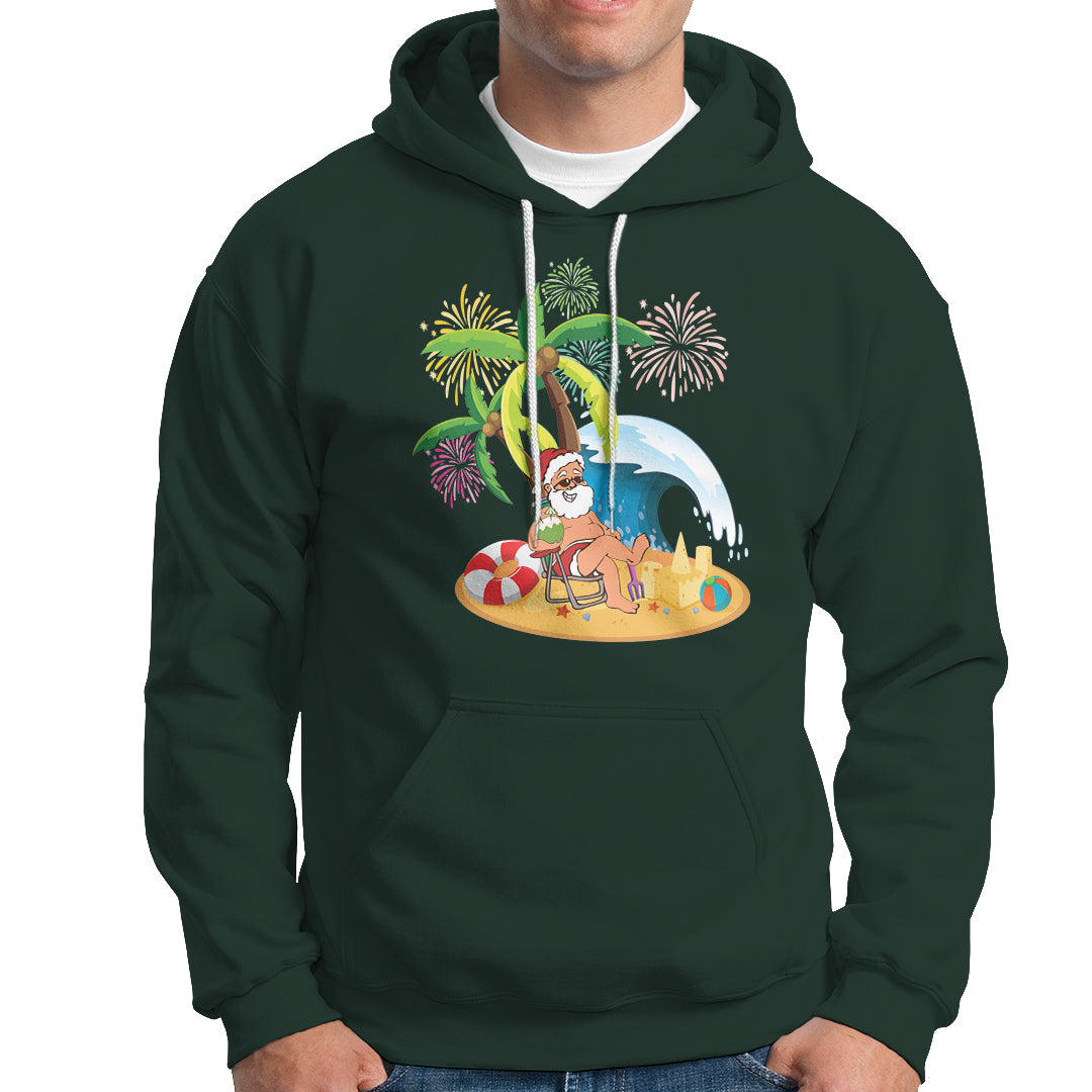 Christmas In Hawaii Hoodie Palm Tree Firework Santa At Beach Drinking Coconut TS09 Dark Forest Green - Polynesian Pride