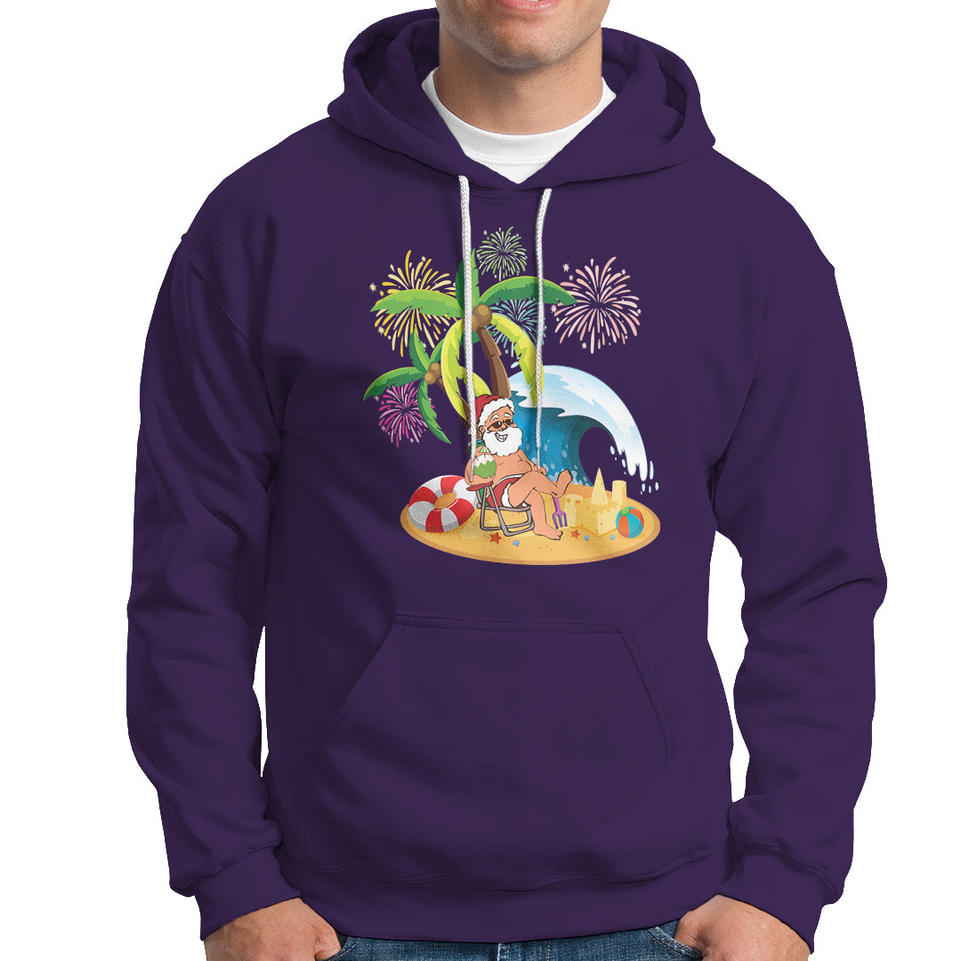 Christmas In Hawaii Hoodie Palm Tree Firework Santa At Beach Drinking Coconut TS09 Purple - Polynesian Pride
