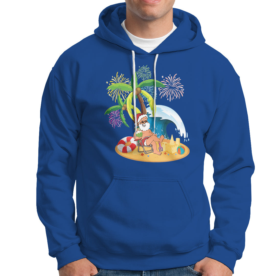 Christmas In Hawaii Hoodie Palm Tree Firework Santa At Beach Drinking Coconut TS09 Royal Blue - Polynesian Pride