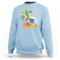 Christmas In Hawaii Sweatshirt Palm Tree Firework Santa At Beach Drinking Coconut TS09 Light Blue - Polynesian Pride