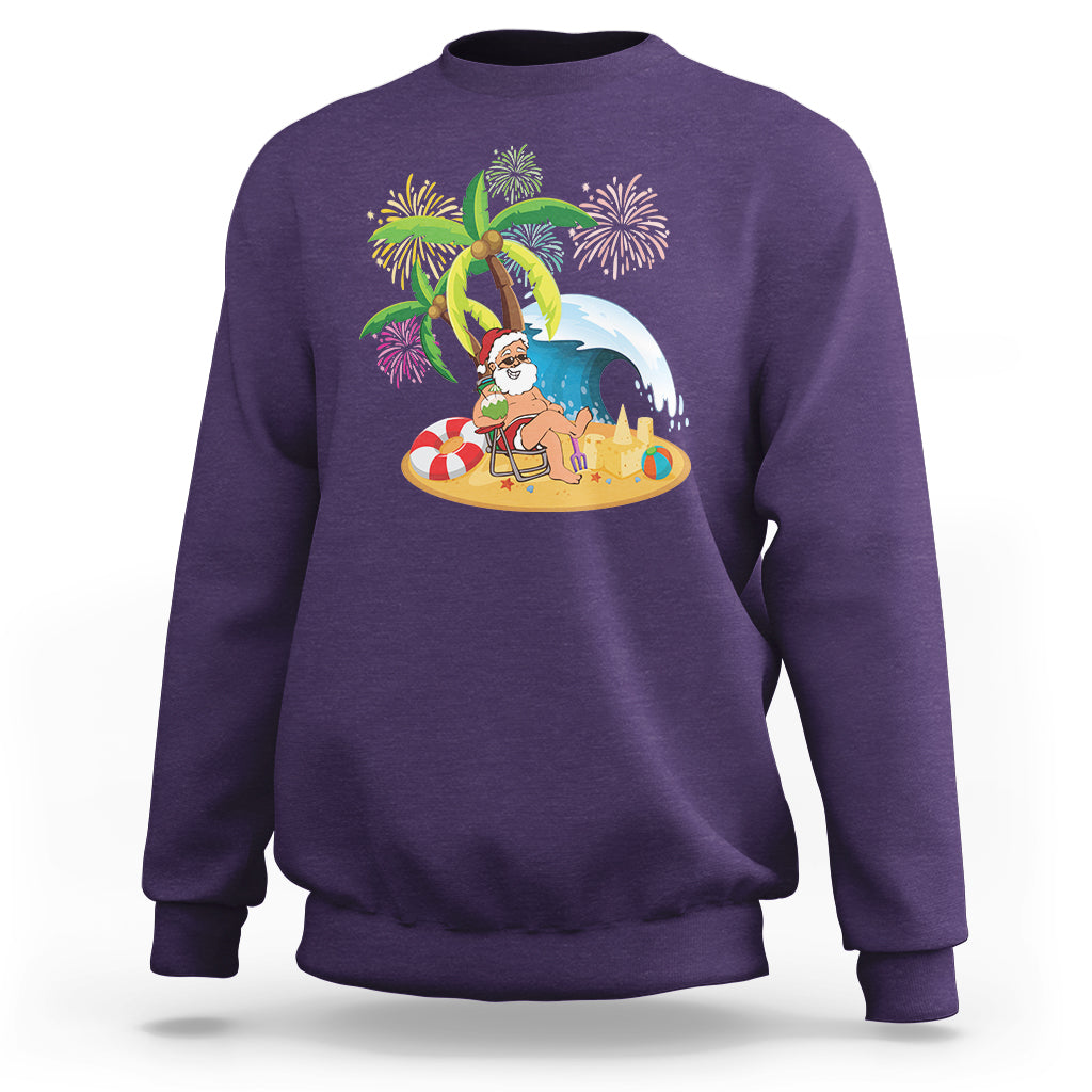 Christmas In Hawaii Sweatshirt Palm Tree Firework Santa At Beach Drinking Coconut TS09 Purple - Polynesian Pride