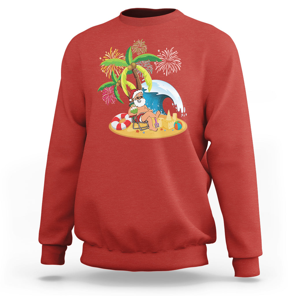 Christmas In Hawaii Sweatshirt Palm Tree Firework Santa At Beach Drinking Coconut TS09 Red - Polynesian Pride