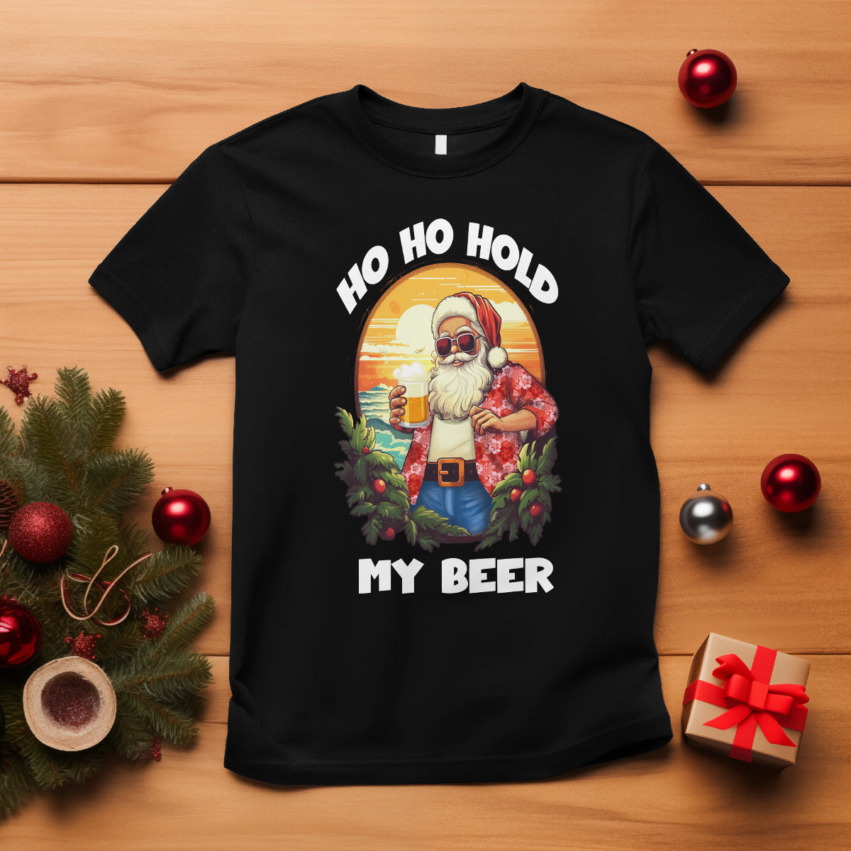 Christmas In Hawaii T Shirt Ho Ho Hold My Beer Cool Santa Sunglass TS09 Black - Polynesian Pride