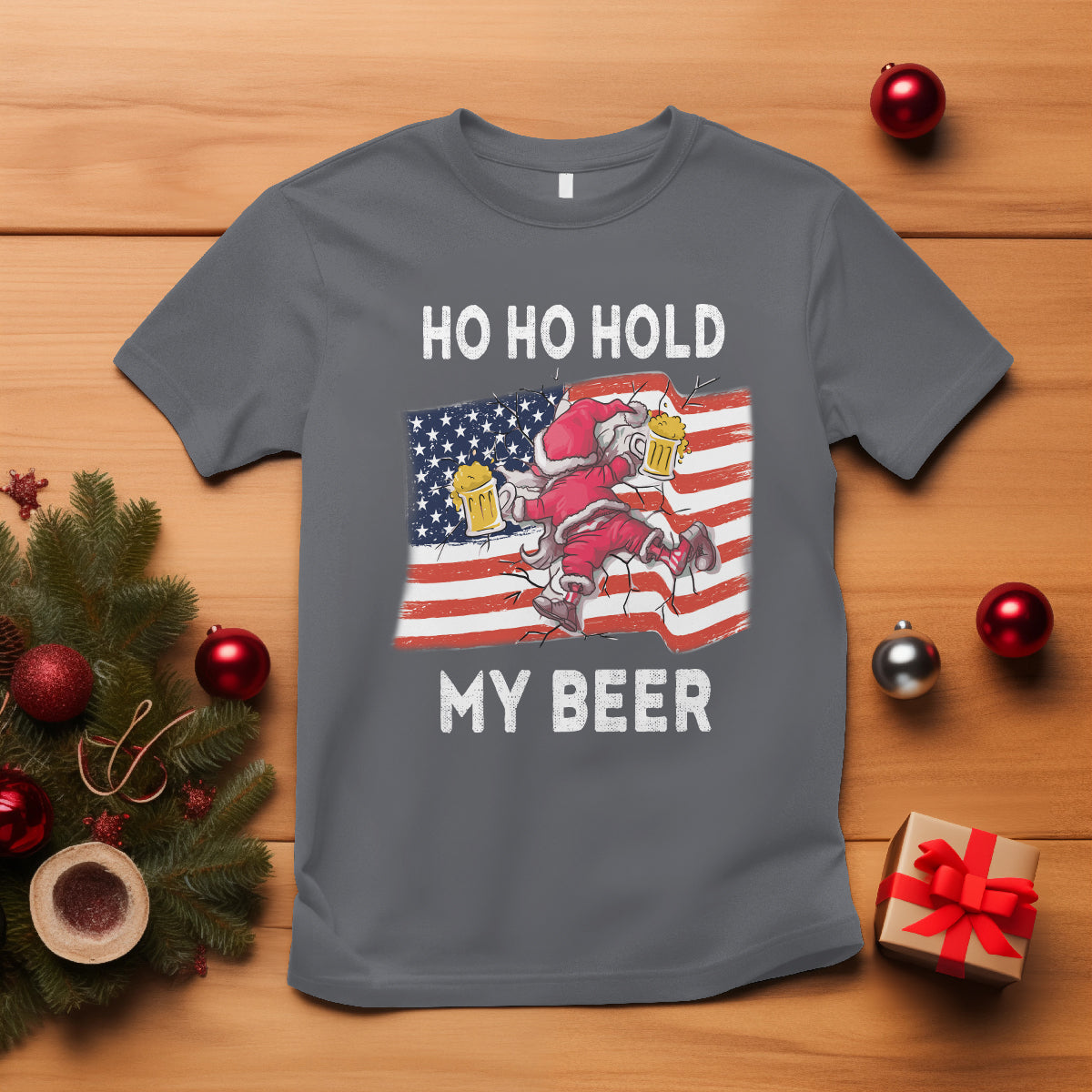 Christmas In Hawaii T Shirt Ho Ho Hold My Beer Drunk Santa USA Flag TS09 Charcoal - Polynesian Pride