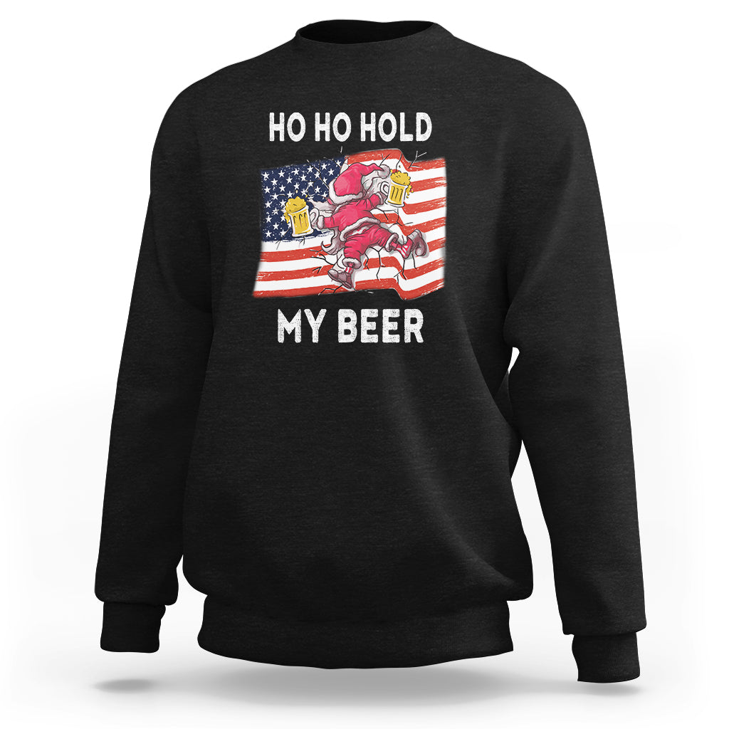 Christmas In Hawaii Sweatshirt Ho Ho Hold My Beer Drunk Santa USA Flag TS09 Black - Polynesian Pride