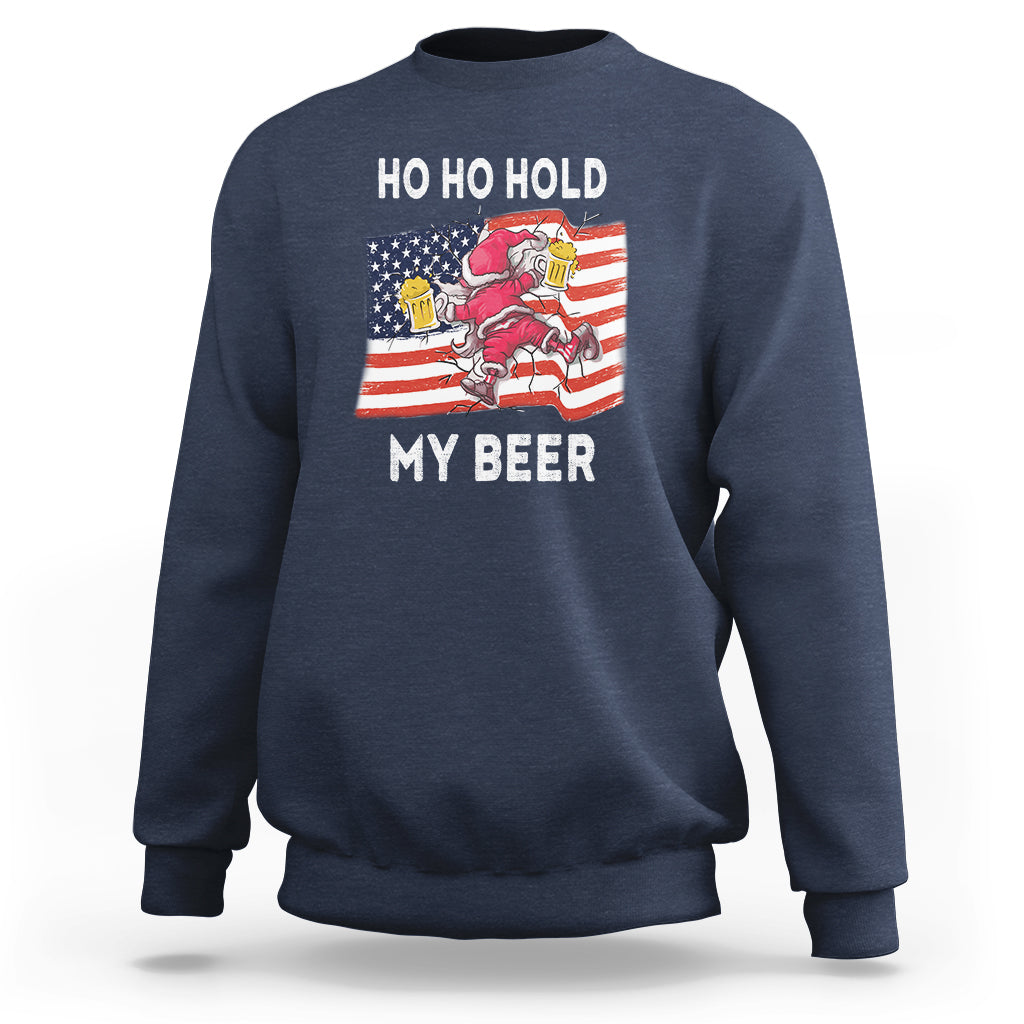 Christmas In Hawaii Sweatshirt Ho Ho Hold My Beer Drunk Santa USA Flag TS09 Navy - Polynesian Pride