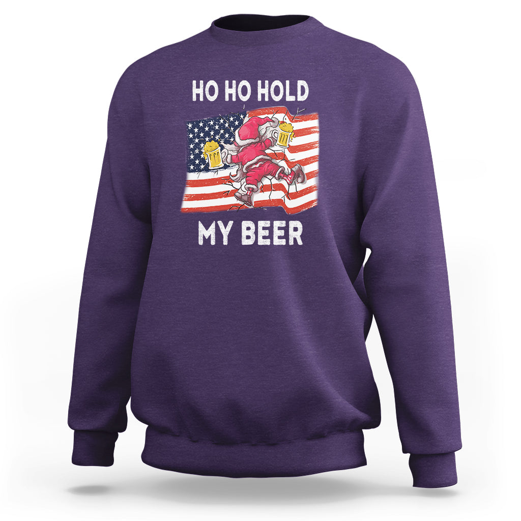 Christmas In Hawaii Sweatshirt Ho Ho Hold My Beer Drunk Santa USA Flag TS09 Purple - Polynesian Pride