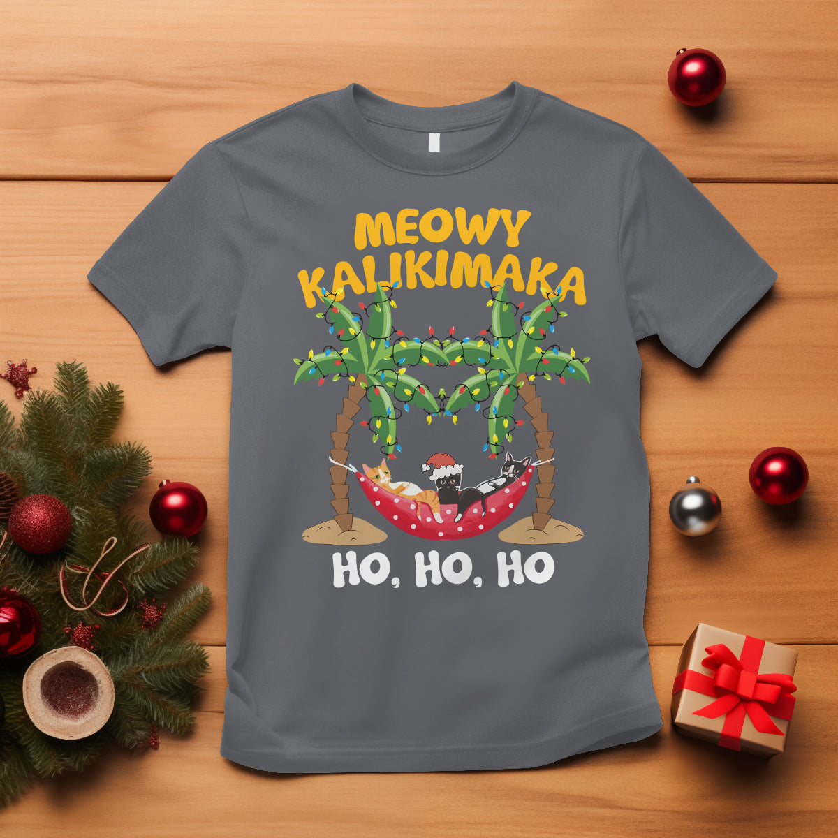 Christmas In Hawaii T Shirt Meowy Kalikimaka Cat Chillin' Ho Ho Ho Xmas Palm Tree TS09 Charcoal - Polynesian Pride