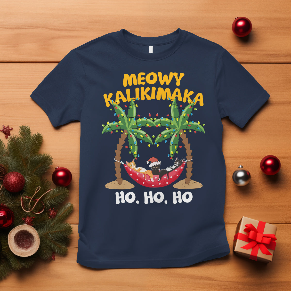 Christmas In Hawaii T Shirt Meowy Kalikimaka Cat Chillin' Ho Ho Ho Xmas Palm Tree TS09 Navy - Polynesian Pride