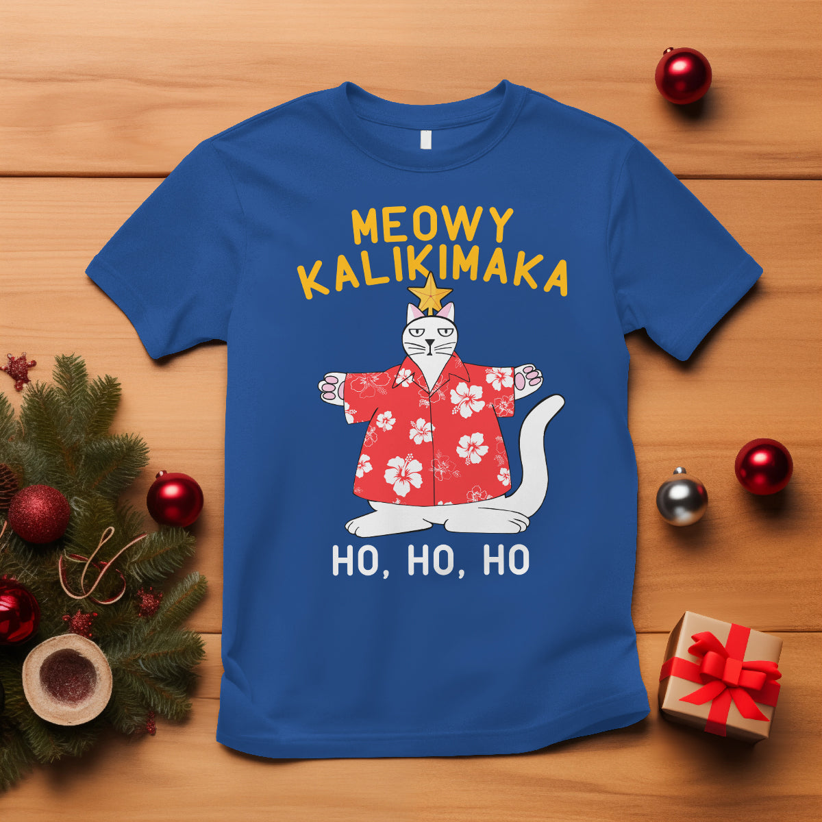 Christmas In Hawaii T Shirt Meowy Kalikimaka Hawaiian Cat Ho Ho Ho Xmas Tree TS09 Royal Blue - Polynesian Pride