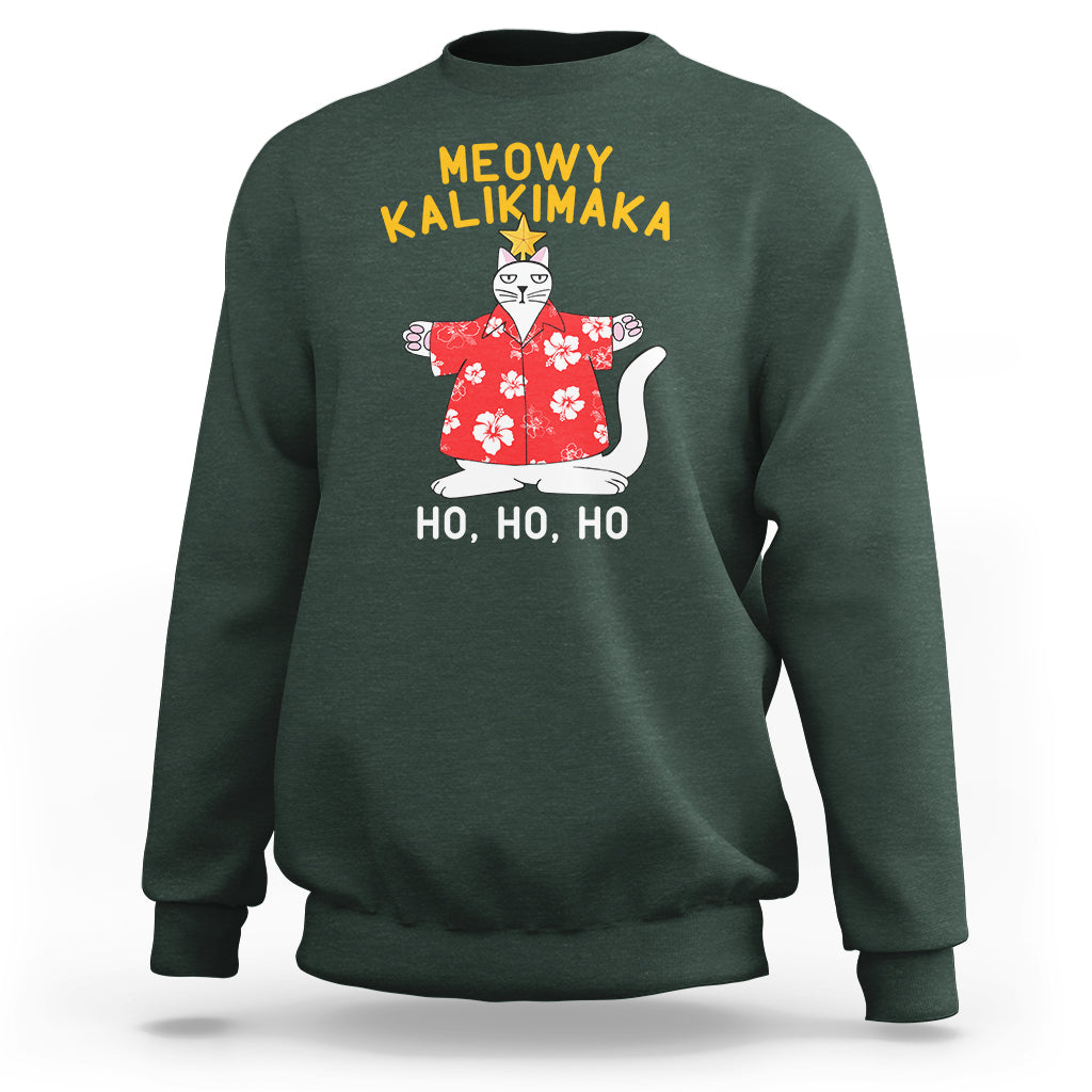 Christmas In Hawaii Sweatshirt Meowy Kalikimaka Hawaiian Cat Ho Ho Ho Xmas Tree TS09 Dark Forest Green - Polynesian Pride
