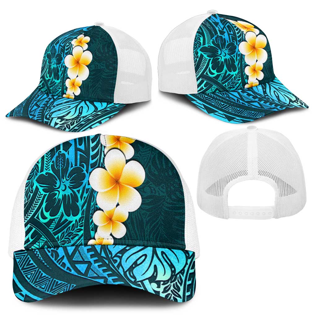 Turquosie Polynesia Baseball Net Cap Plumeria Tropical Leaves With Galaxy Polynesian Art - Polynesian Pride