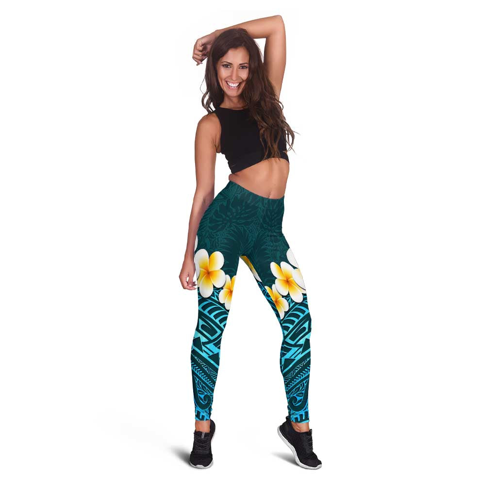 Turquosie Polynesia Leggings Plumeria Tropical Leaves With Galaxy Polynesian Art - Polynesian Pride