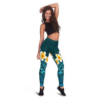 Turquosie Polynesia Leggings Plumeria Tropical Leaves With Galaxy Polynesian Art - Polynesian Pride