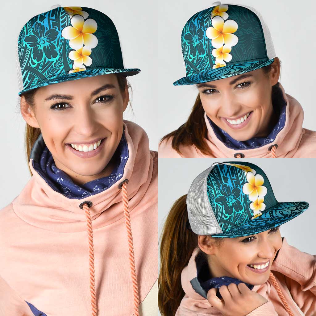 Turquosie Polynesia Mesh Trucker Cap Plumeria Tropical Leaves With Galaxy Polynesian Art - Polynesian Pride