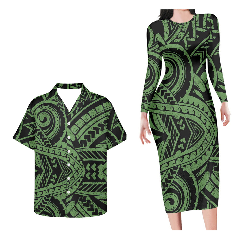 Polynesian Pride Matching Outfit For Couples Polynesian Tribal Green Pattern Long Sleeve Bodycon Dress And Hawaii Shirt No Dress - Polynesian Pride