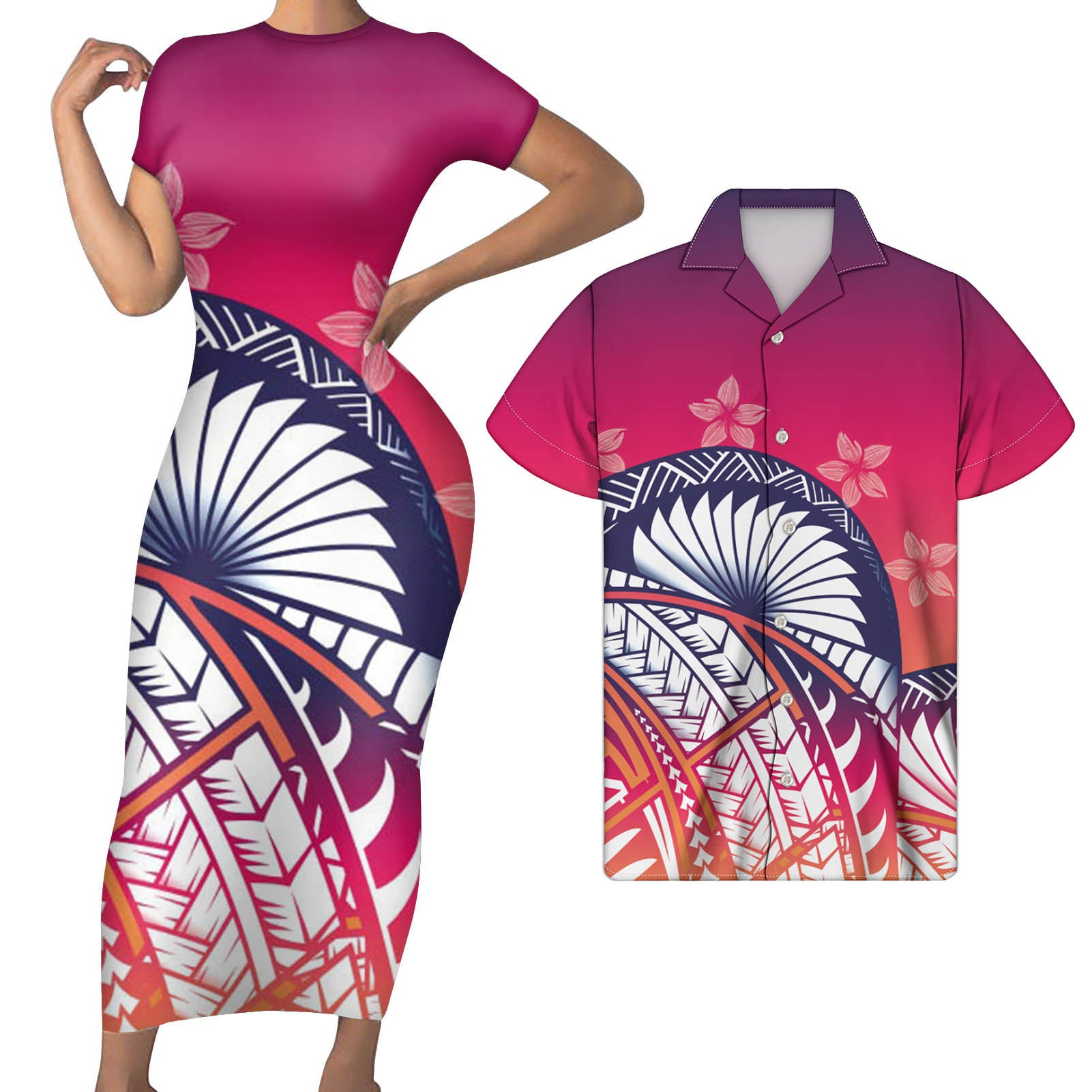 Polynesian Pride Matching Clothes For Couples Polynesian Pattern Colorfull Bodycon Dress And Hawaii Shirt - Polynesian Pride