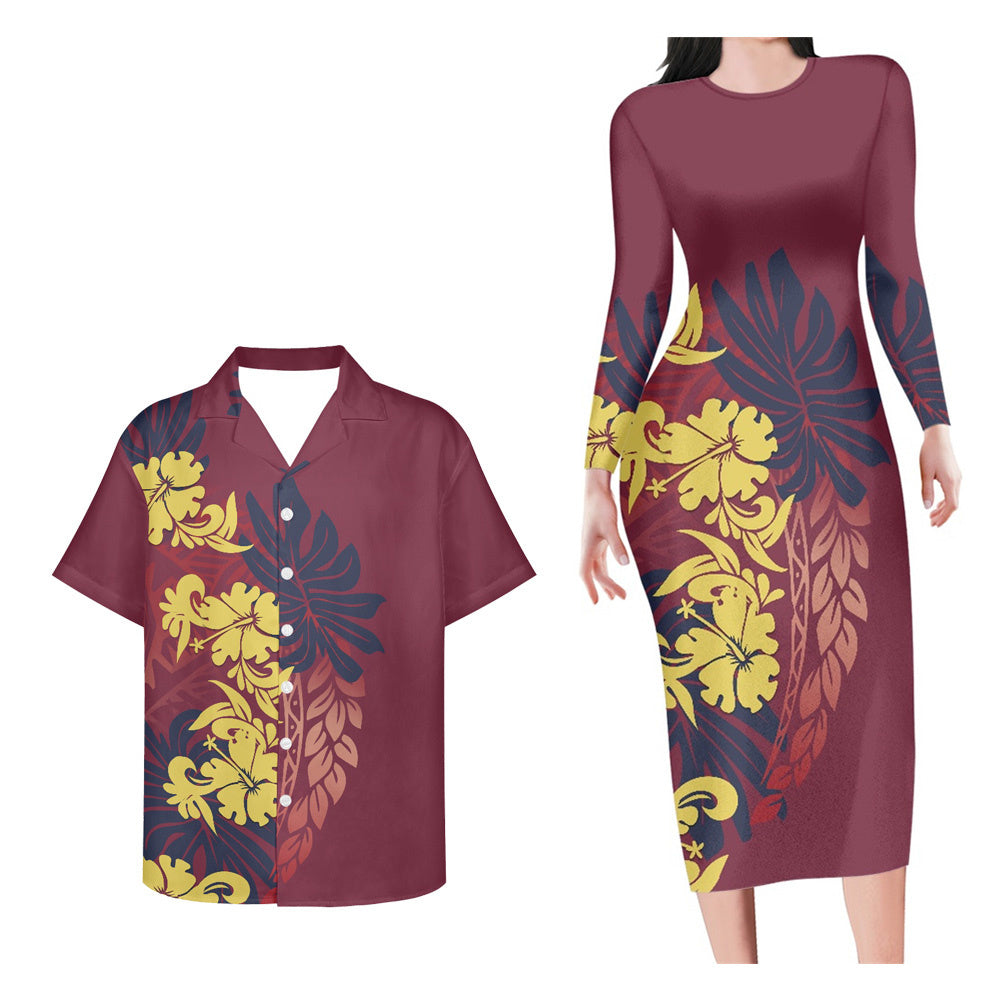 Polynesian Pride Matching Outfit For Couples Hibicus Flowers Leaf Pattern Long Sleeve Bodycon Dress And Hawaii Shirt - Polynesian Pride