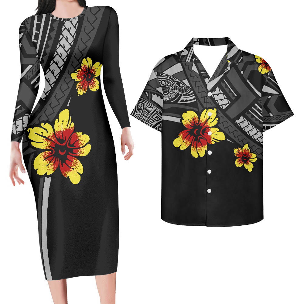 Polynesian Pride Hawaii Outfit For Couples Hawaii Floral Polynesian Pattern Black Bodycon Dress And Hawaii Shirt - Polynesian Pride