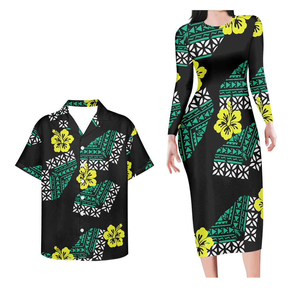 Polynesian Pride Hawaii Pattern Matching Outfit For Couples Yellow Hibiscus Long Sleeve Bodycon Dress And Hawaii Shirt - Polynesian Pride