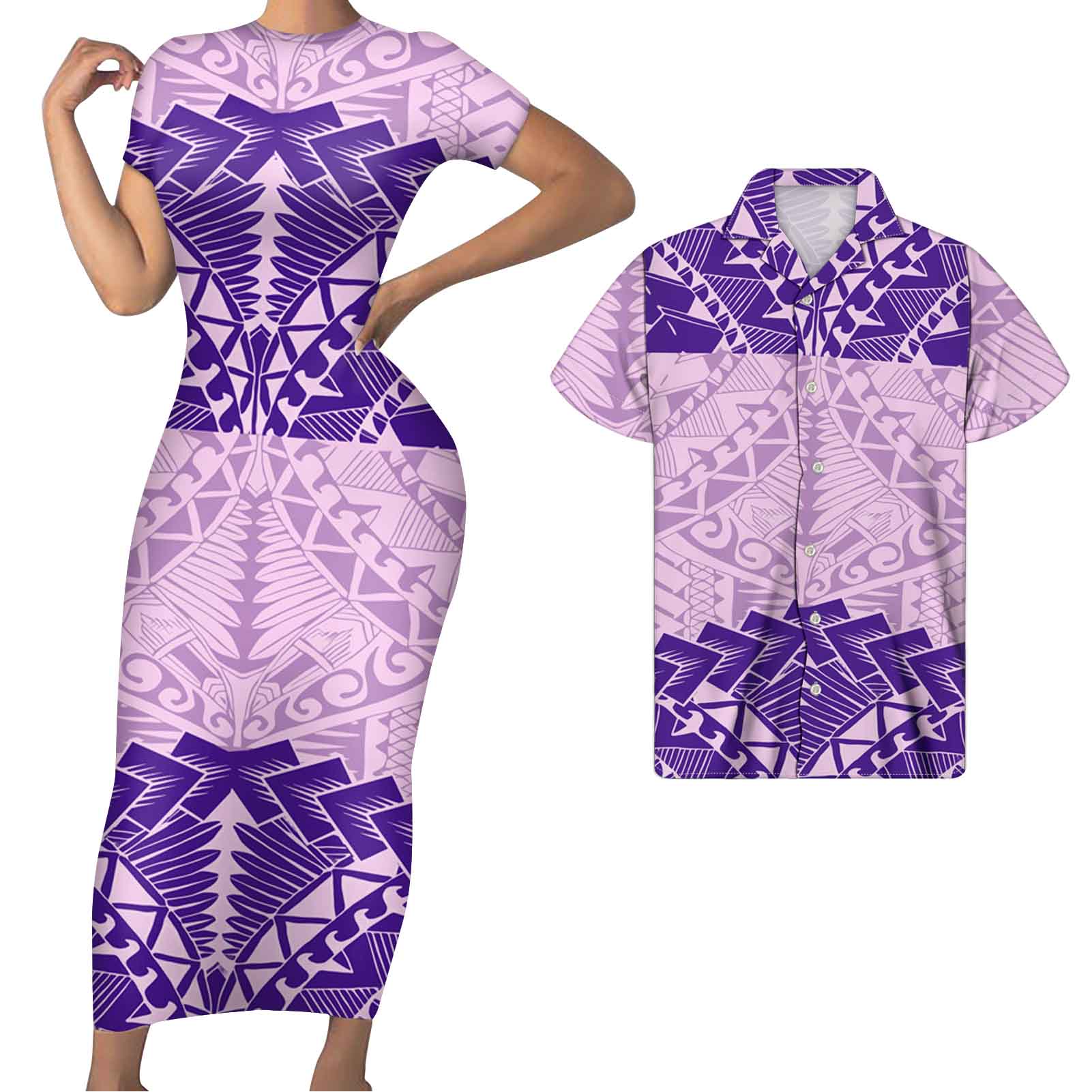 Polynesian Pride Matching Clothes For Couples Hawaii Polynesian Tribal Tattoo Purple Pattern Bodycon Dress And Hawaii Shirt - Polynesian Pride