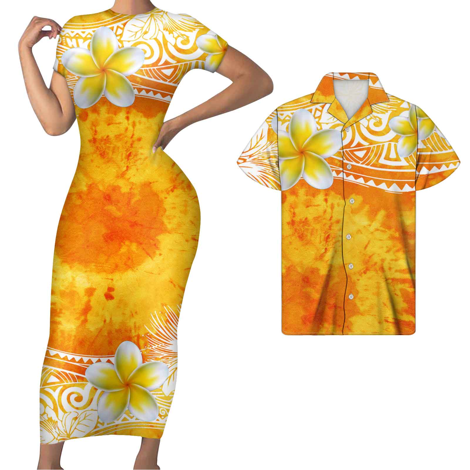 Polynesian Pride Matching Clothes For Couples Hawaii Hibiscus Yellow Bodycon Dress And Hawaii Shirt - Polynesian Pride