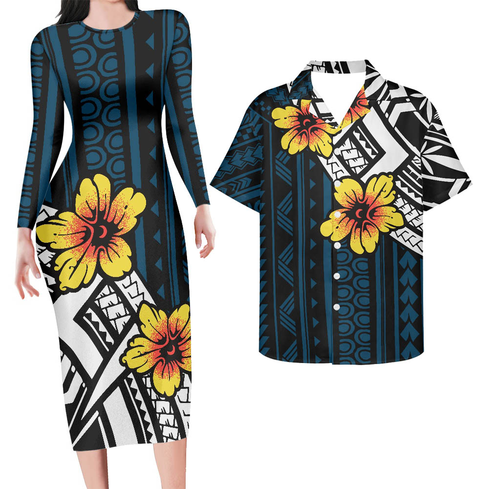 Polynesian Pride Hawaii His And Her Hawaii Matching Outfit For Couples Hawaii Yellow Flower Bodycon Dress And Hawaii Shirt - Polynesian Pride