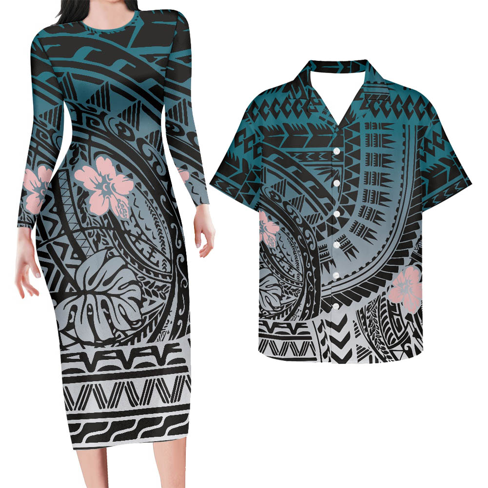 Polynesian Pride Hawaii Matching Outfit For Couples Hawaii Flower And Leaf Pattern Bodycon Dress And Hawaii Shirt - Polynesian Pride