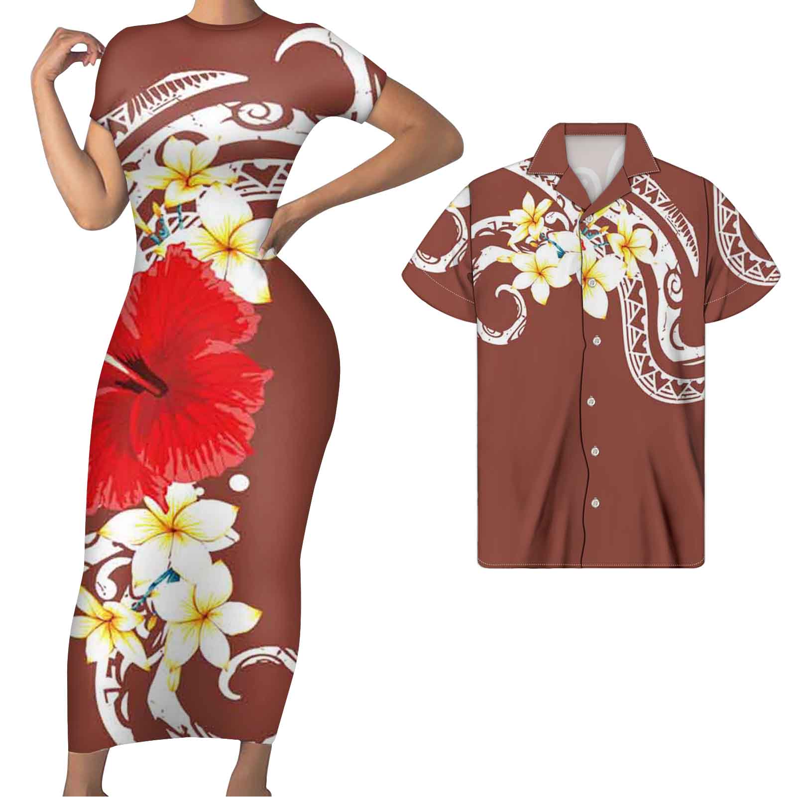 Polynesian Pride Matching Clothes For Couples Hawaii Hibiscus Plumeria Flowers Bodycon Dress And Hawaii Shirt - Polynesian Pride